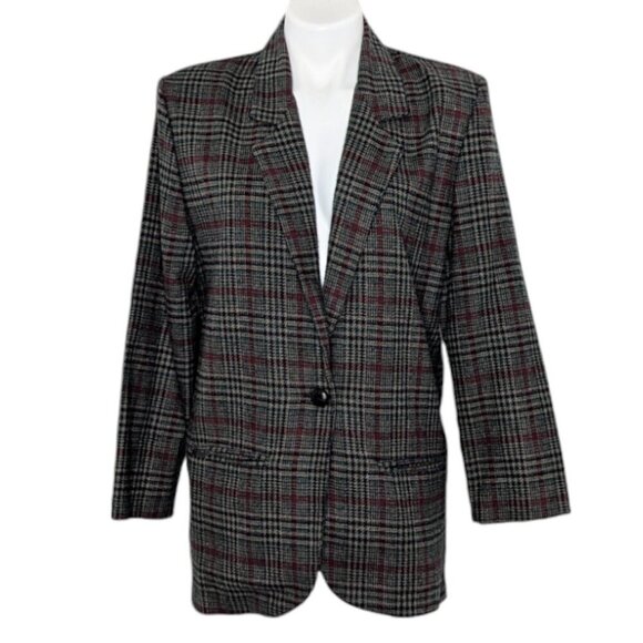 VTG Gray Cream Maroon Plaid Wool Front Button Blazer Twee Academia - Picture 1 of 8